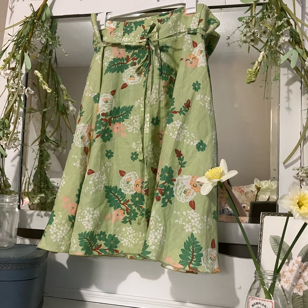 Spring Floral Cottage Core Green Midi A-Line Skirt Natural Fibers